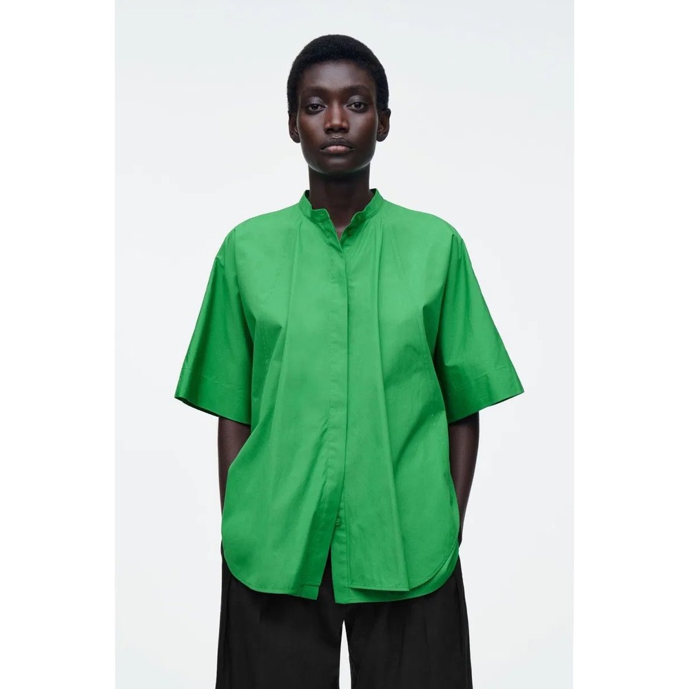 COS Womens Oversized Curved Hem Cotton Shirt Green Band Collar Size 2